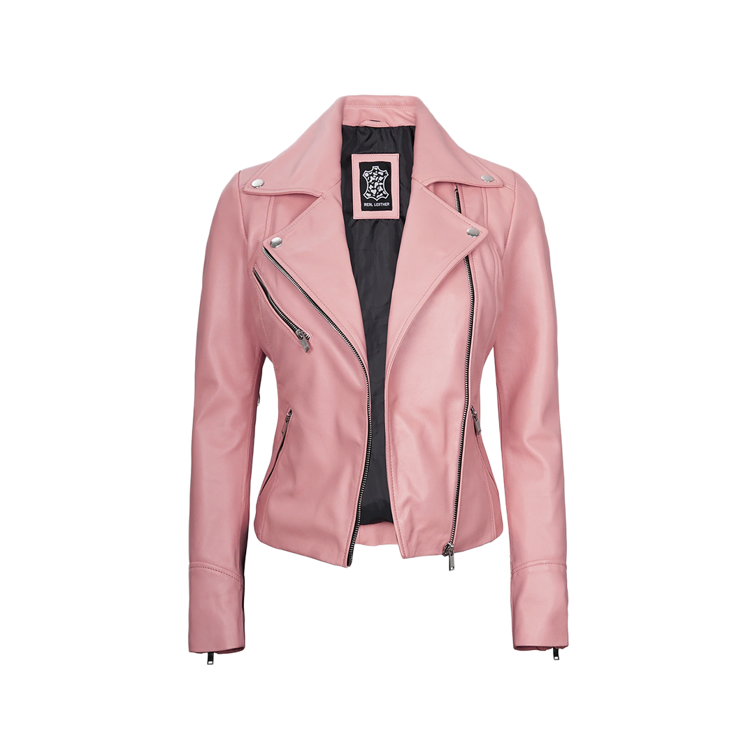 Ninfa Women Moto Style Real Leather Pink Jacket