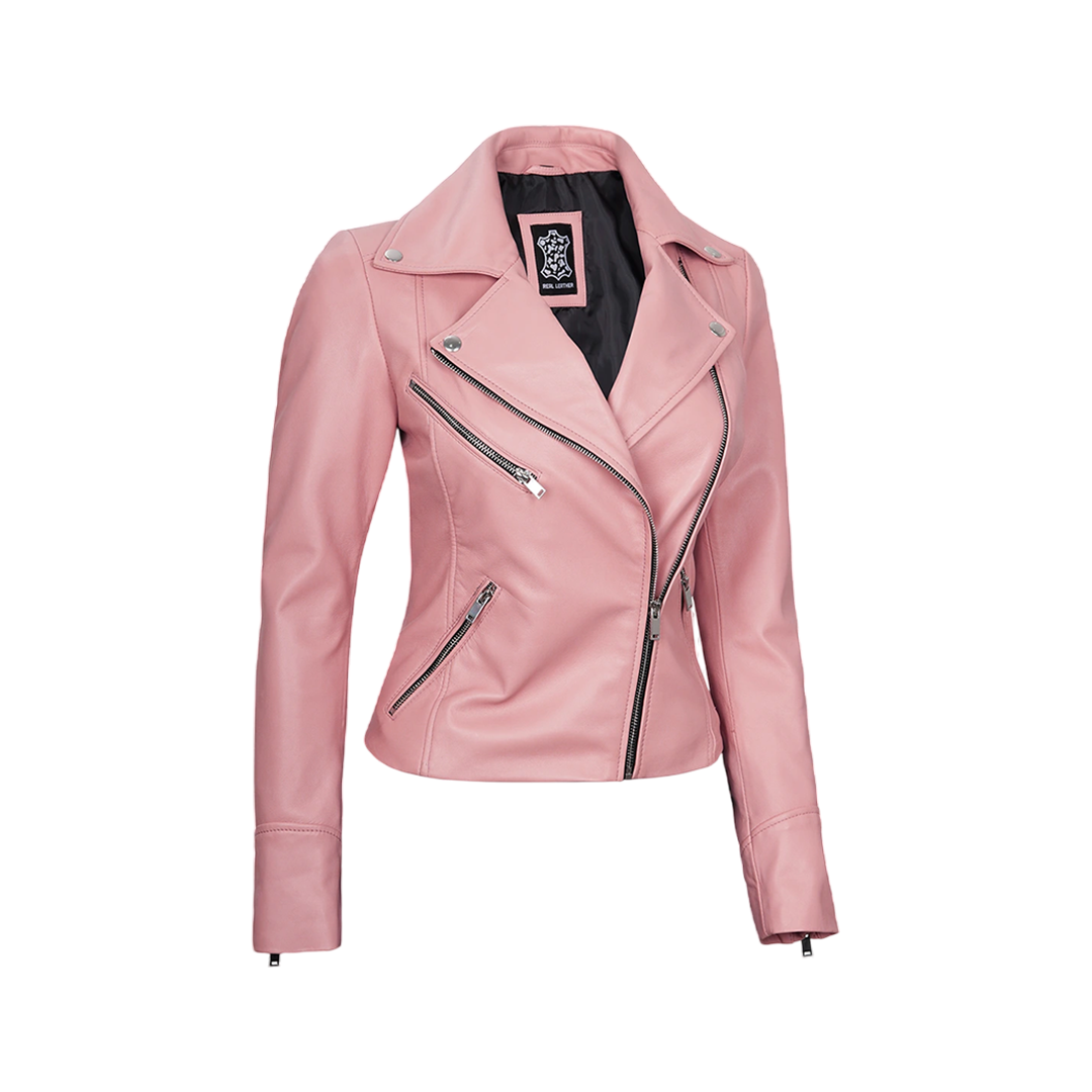 Ninfa Women Moto Style Real Leather Pink Jacket
