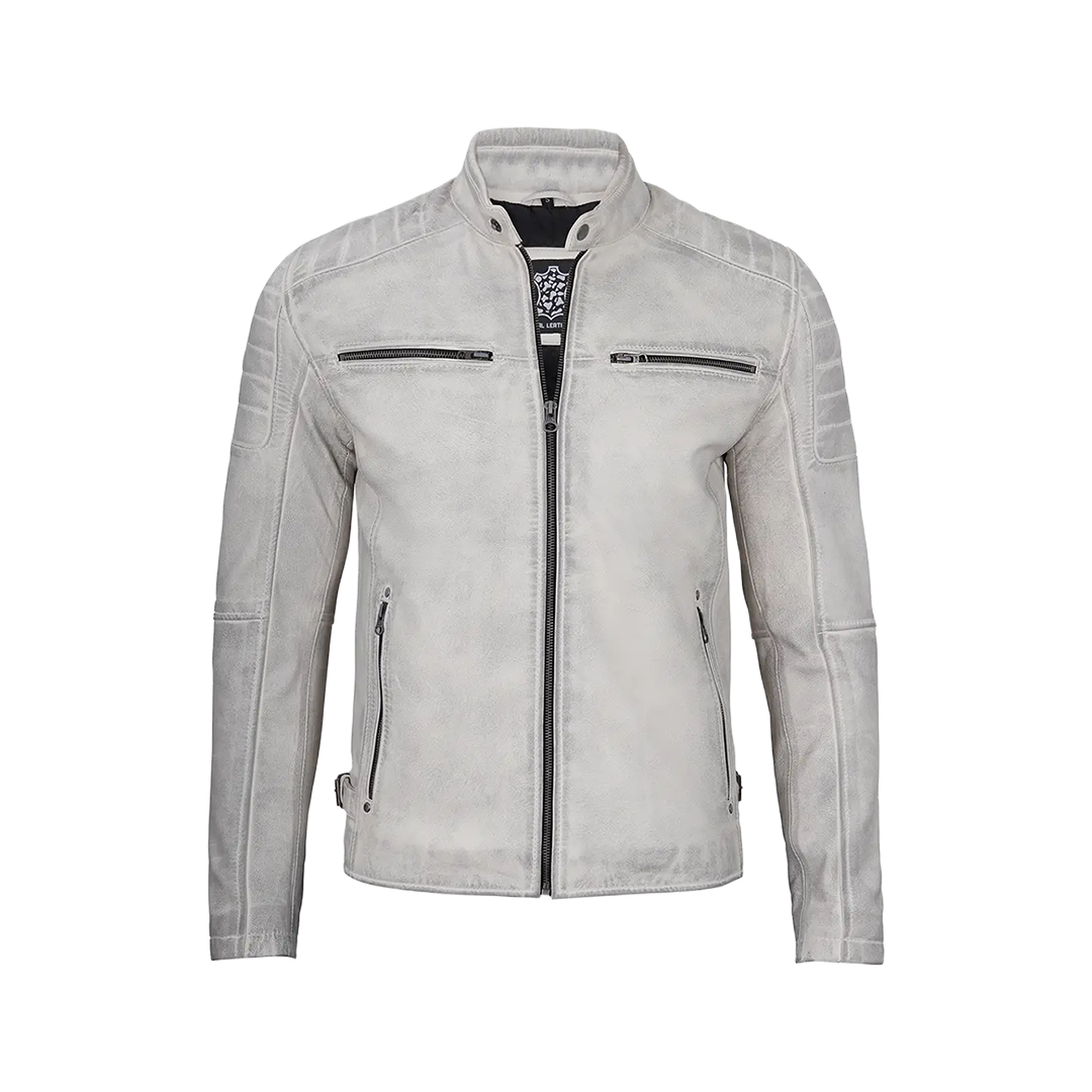 Off White Grey Wax Cafe Racer Leather Jacket for Men