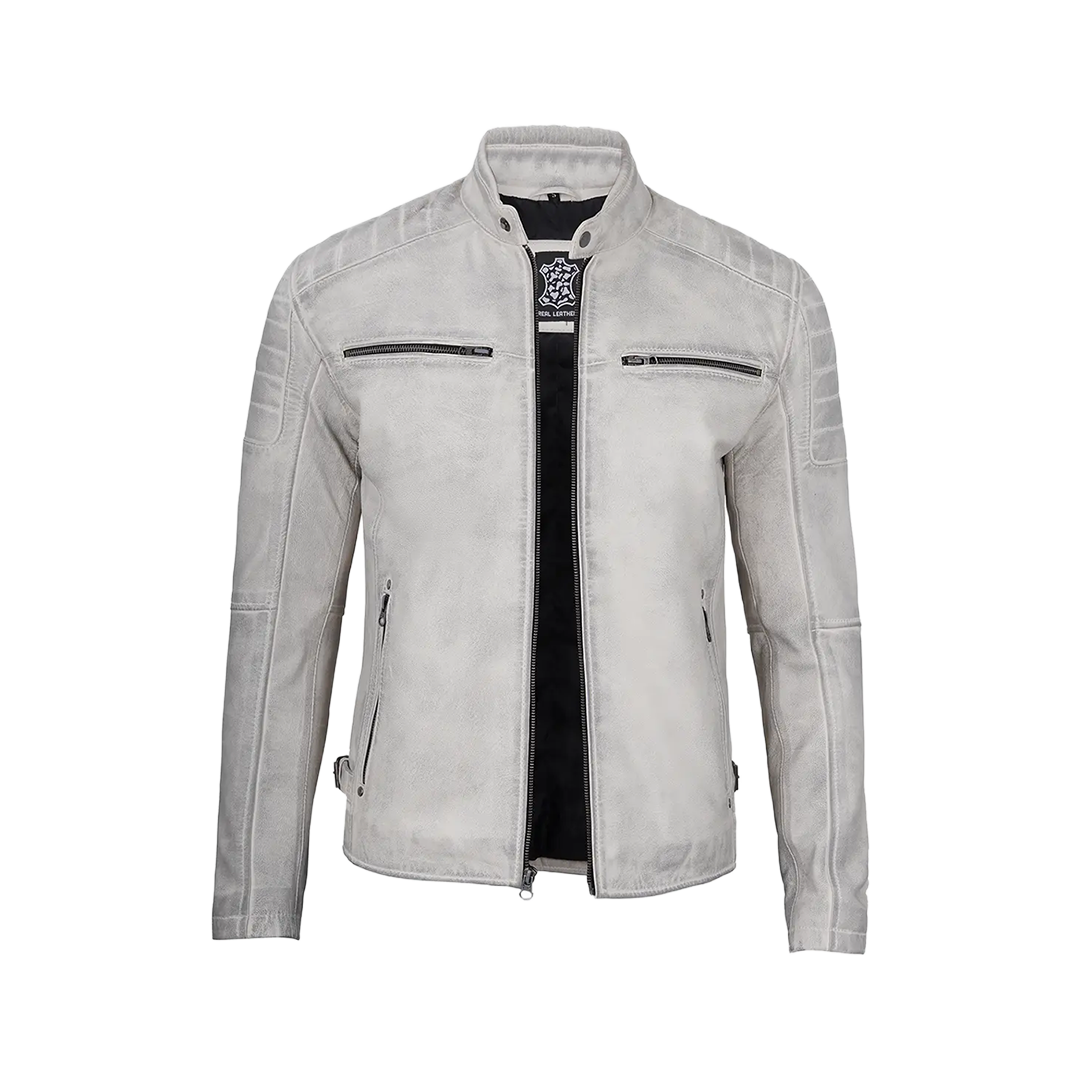 Off White Grey Wax Cafe Racer Leather Jacket for Men