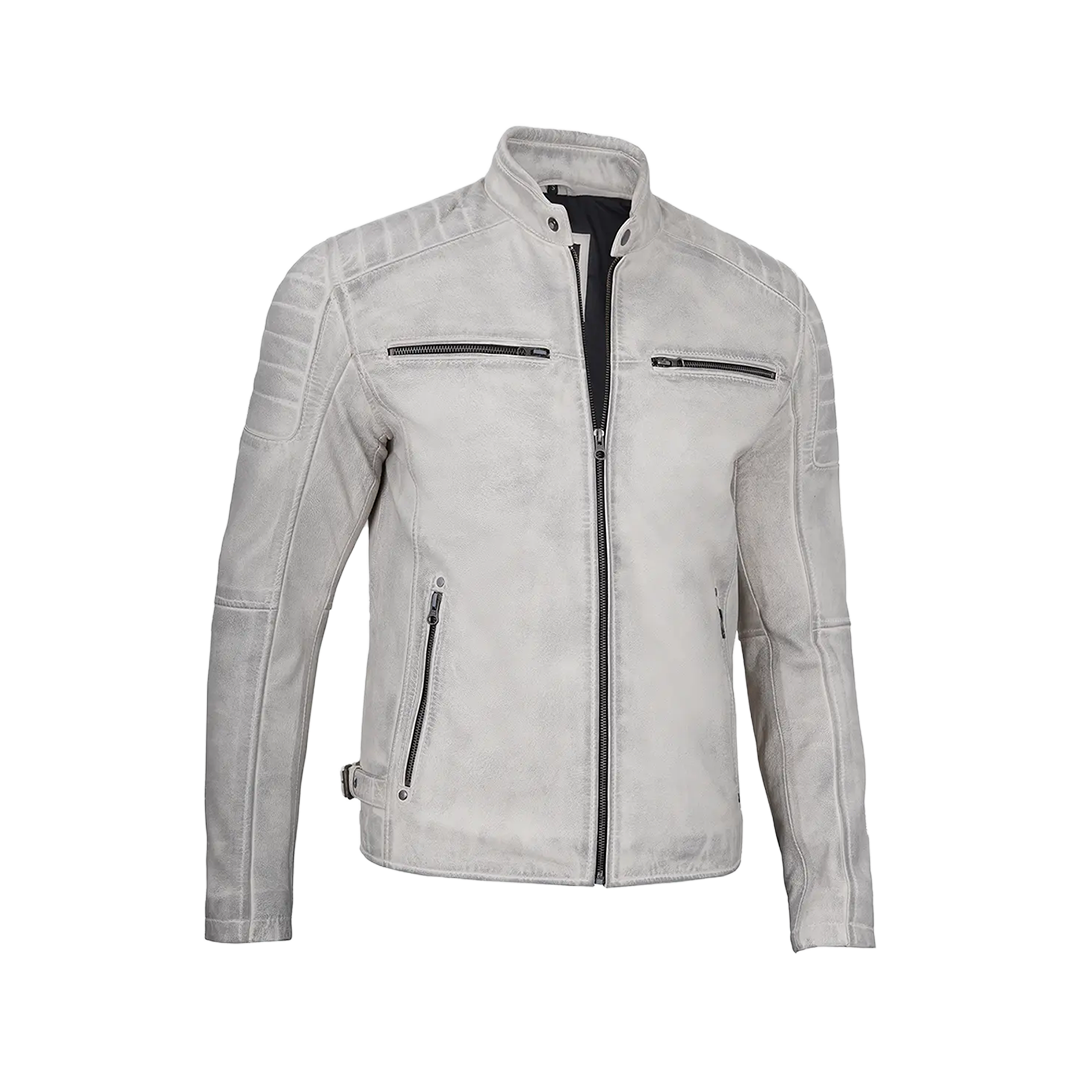 Off White Grey Wax Cafe Racer Leather Jacket for Men