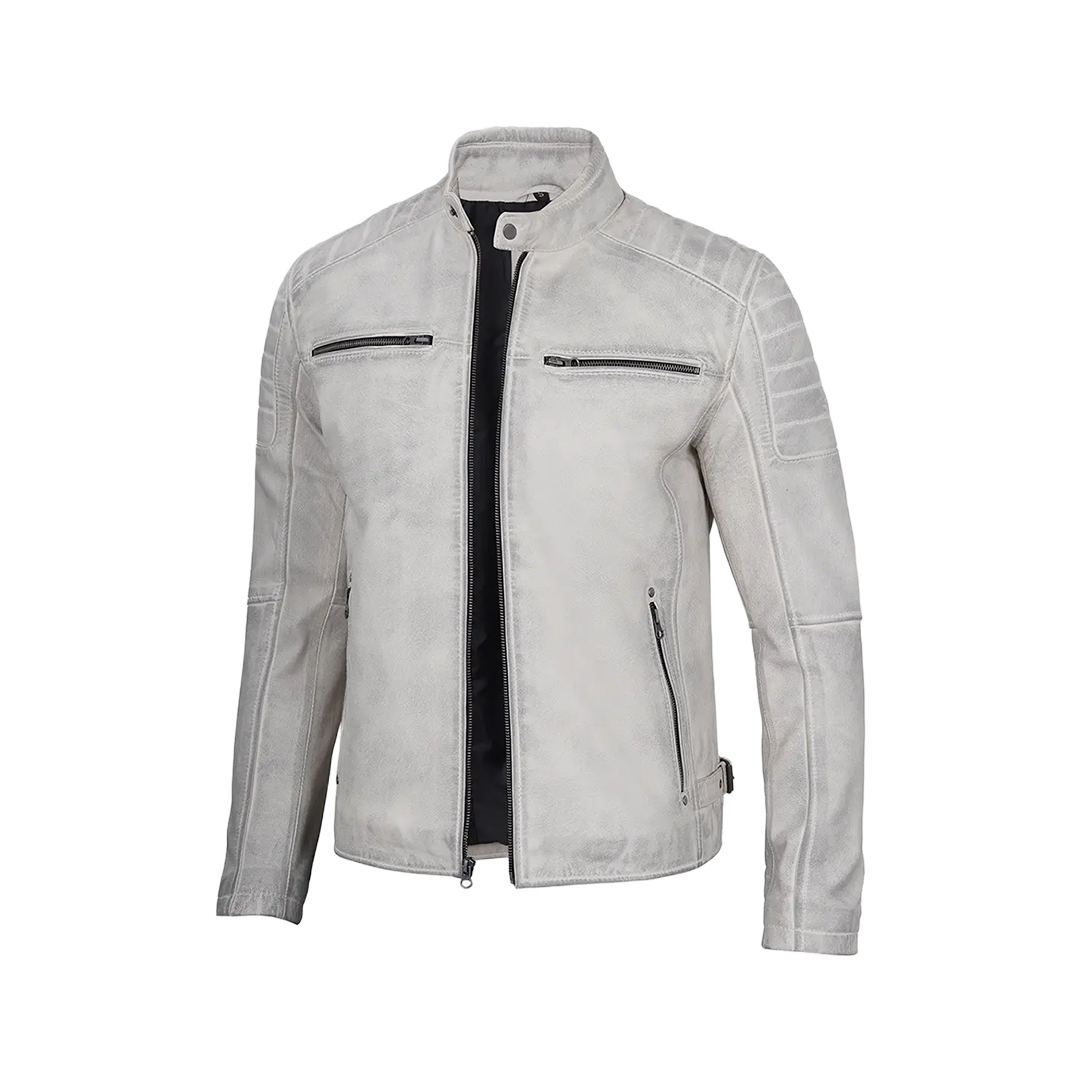 Off White Grey Wax Cafe Racer Leather Jacket for Men