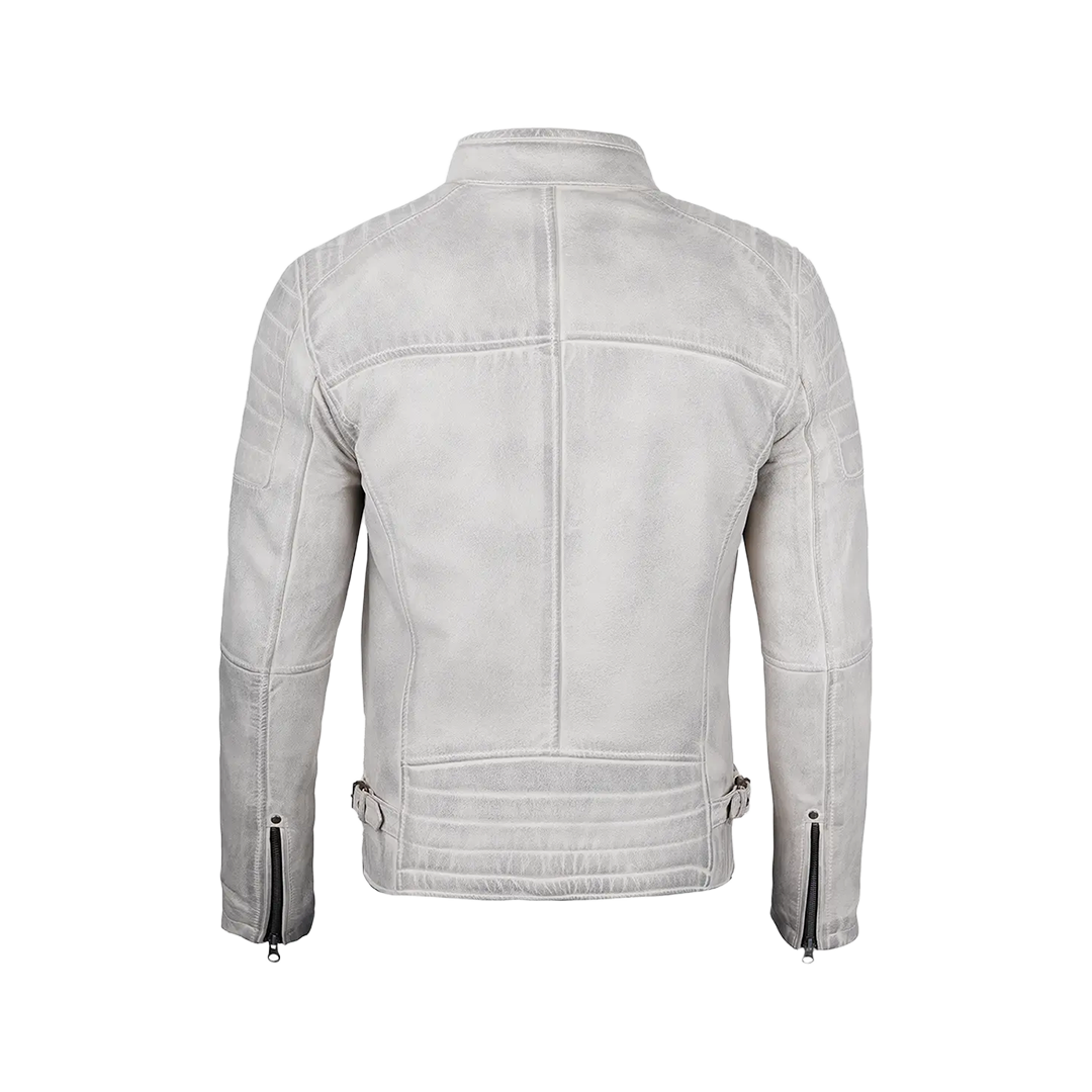 Off White Grey Wax Cafe Racer Leather Jacket for Men