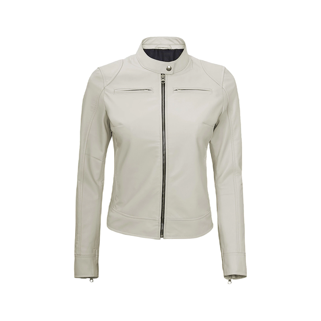 Off White Leather Cafe Racer Jacket for Women