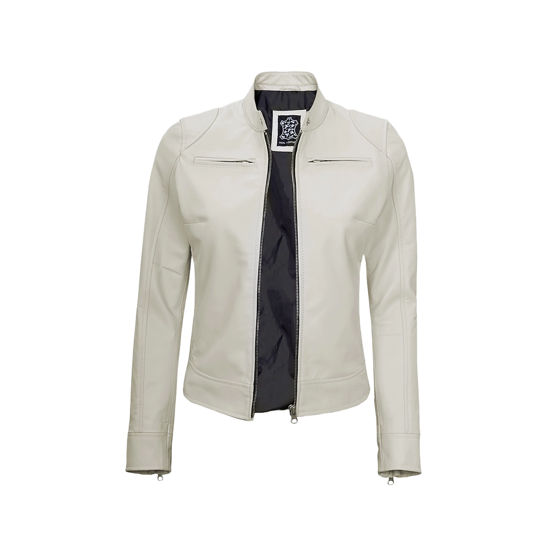 Off White Leather Cafe Racer Jacket for Women