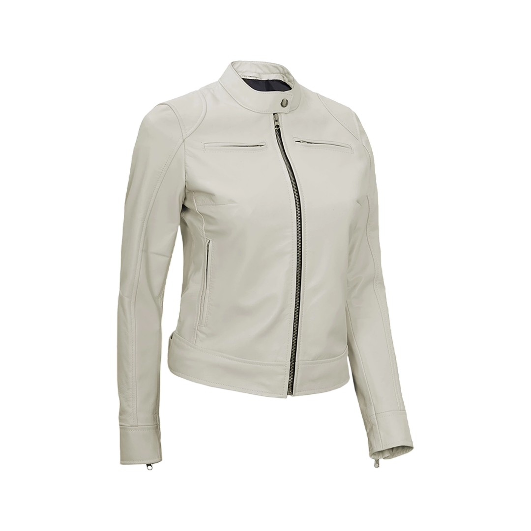 Off White Leather Cafe Racer Jacket for Women