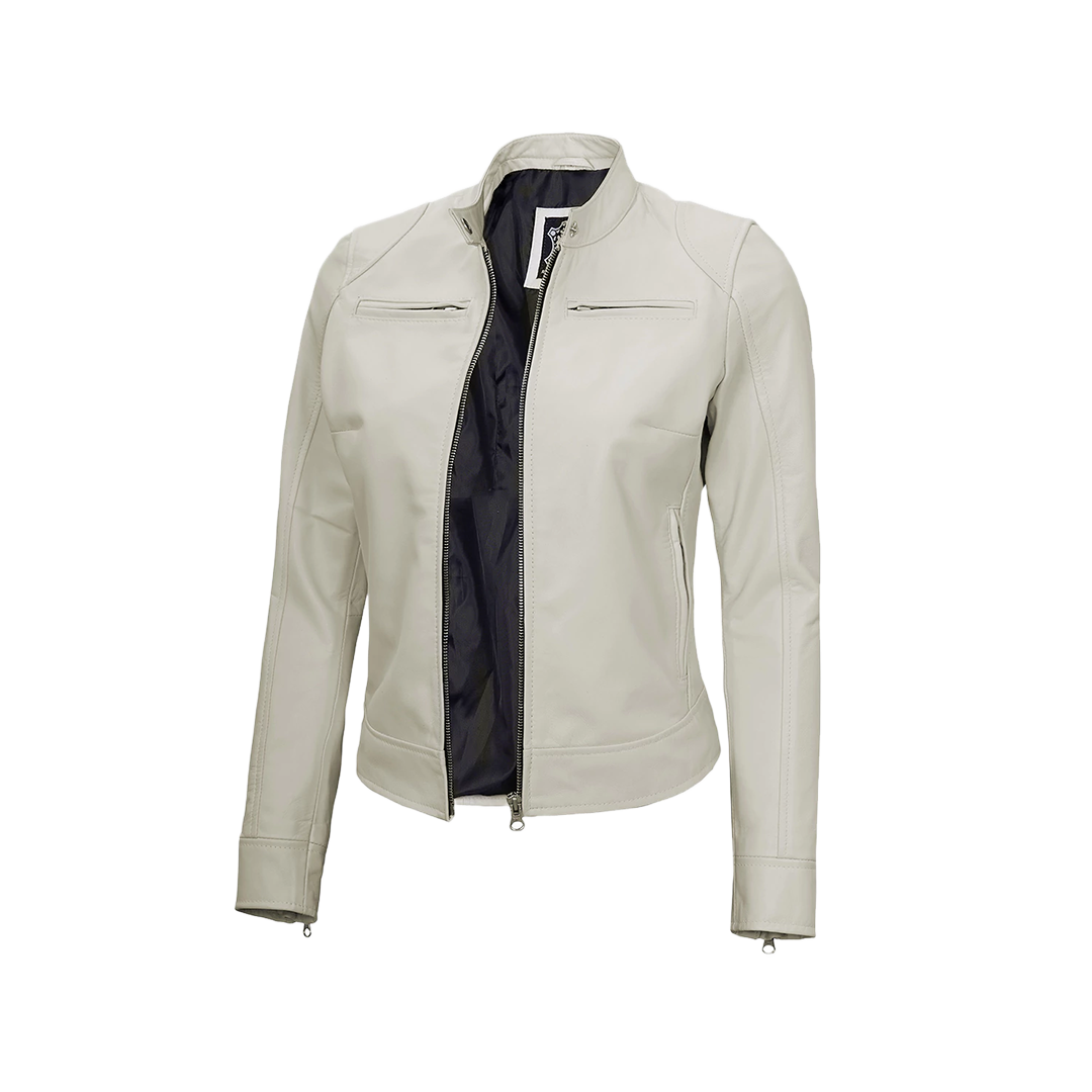 Off White Leather Cafe Racer Jacket for Women