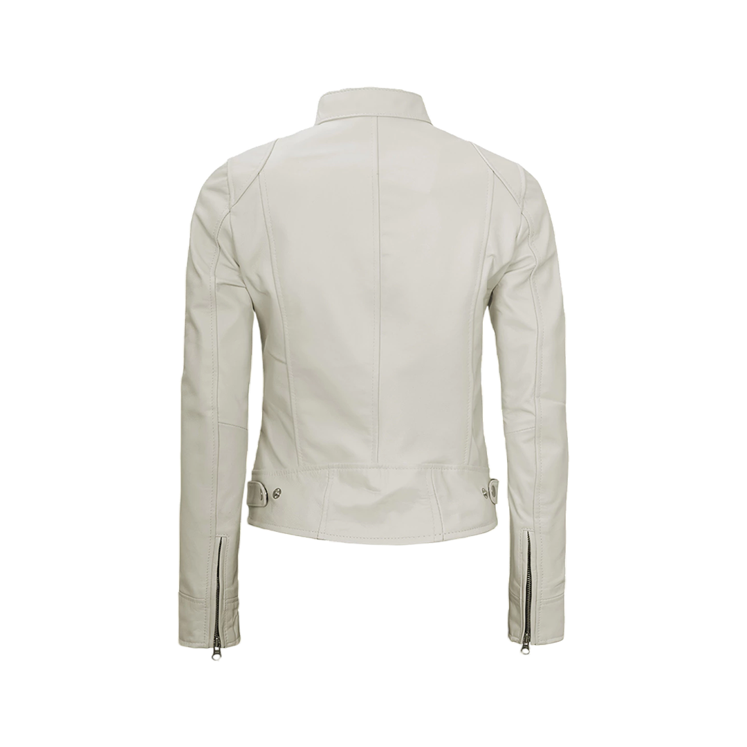 Off White Leather Cafe Racer Jacket for Women