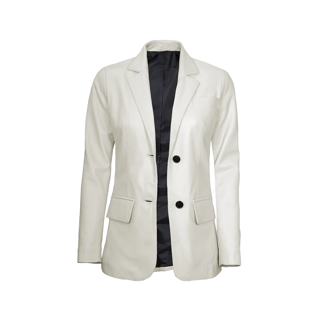 Off White Two Button Women's Real Leather Blazer