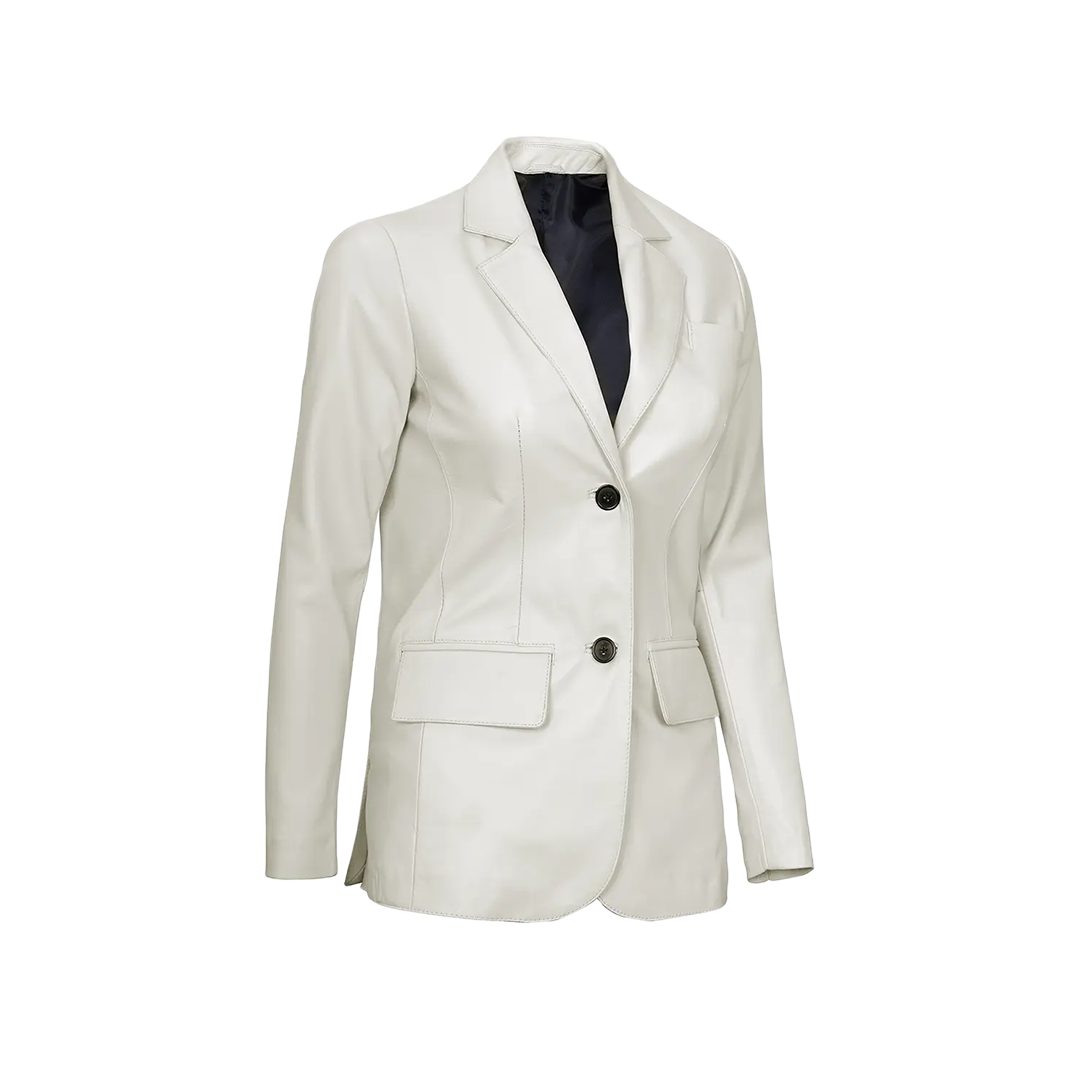 Off White Two Button Women's Real Leather Blazer