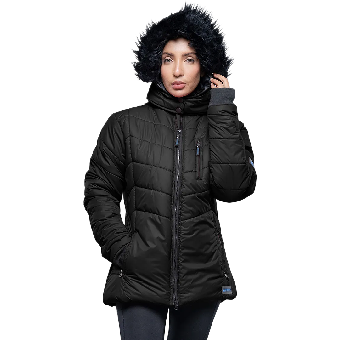 Paola Faux-Fur-Trim Black Hooded Puffer Jacket