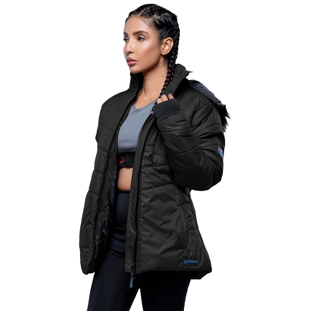 Paola Faux-Fur-Trim Black Hooded Puffer Jacket