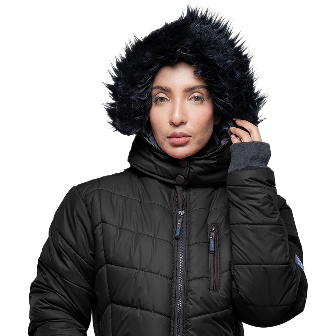 Paola Faux-Fur-Trim Black Hooded Puffer Jacket