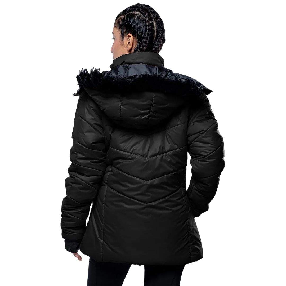 Paola Faux-Fur-Trim Black Hooded Puffer Jacket