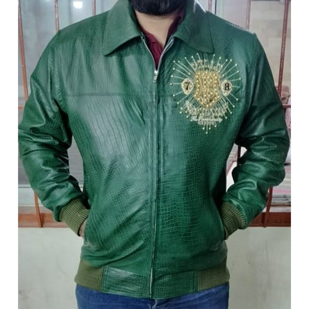 Pelle Pelle Mens Eye On The Prize Custome Made Green Leather Jacket