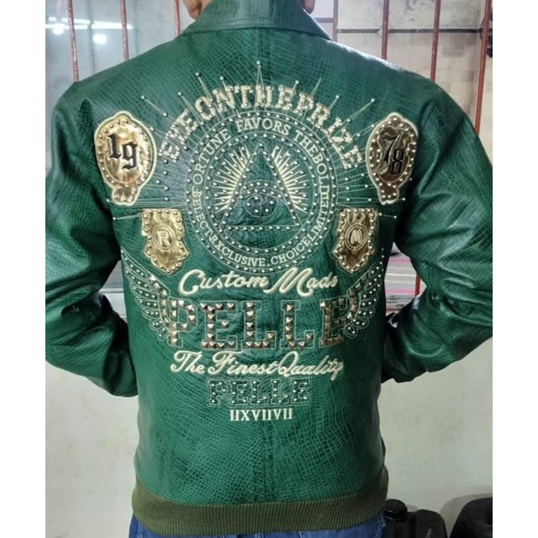 Pelle Pelle Mens Eye On The Prize Custome Made Green Leather Jacket