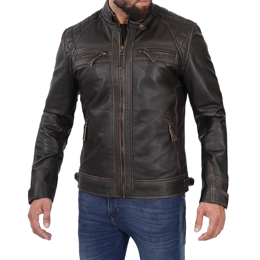 Quilted Cafe Racer Distressed Men's Tall Leather Jacket
