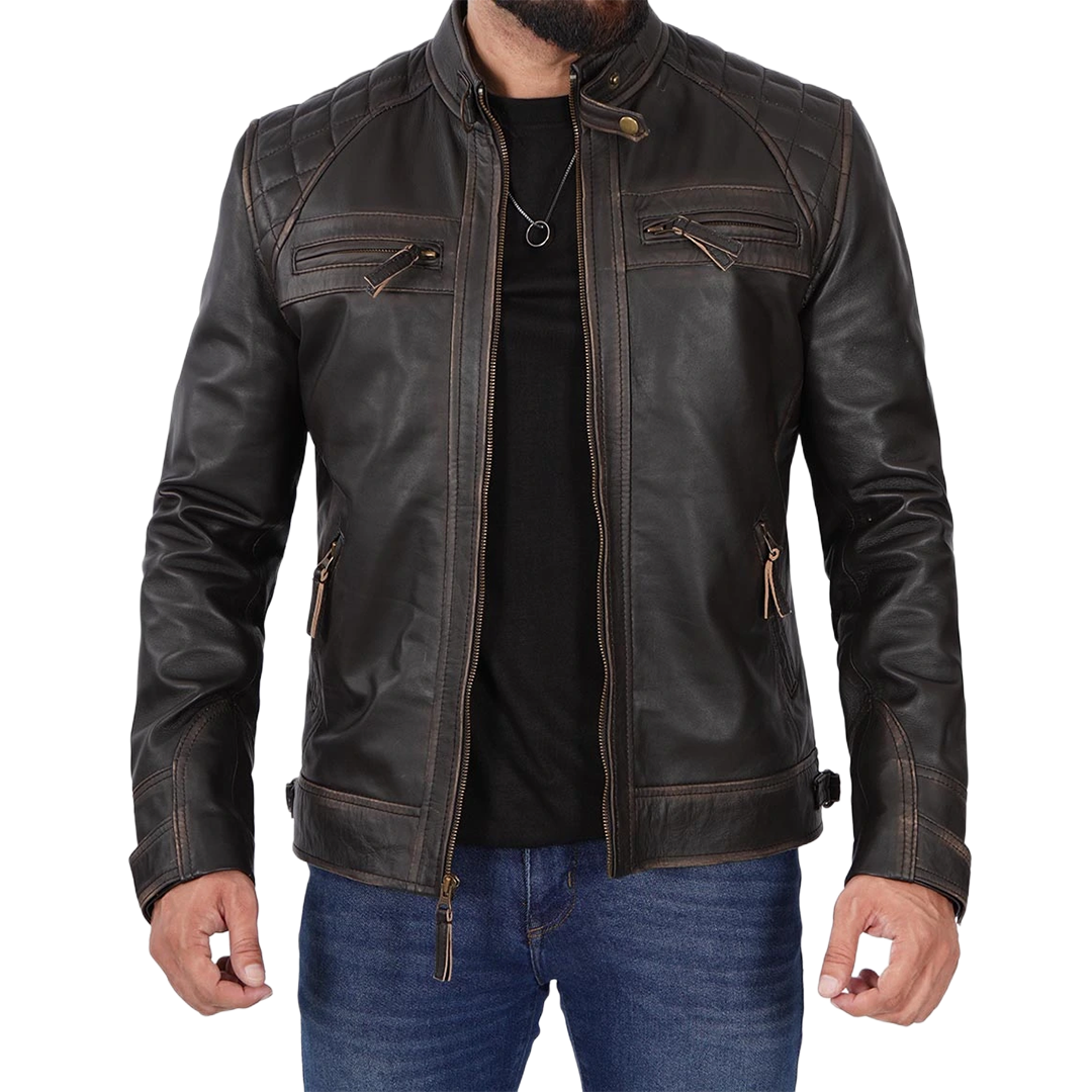 Quilted Cafe Racer Distressed Men's Tall Leather Jacket