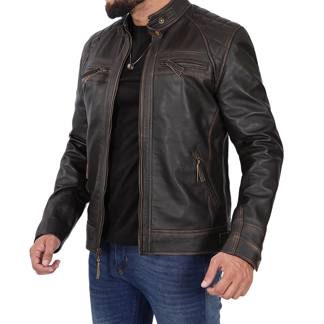 Quilted Cafe Racer Distressed Men's Tall Leather Jacket