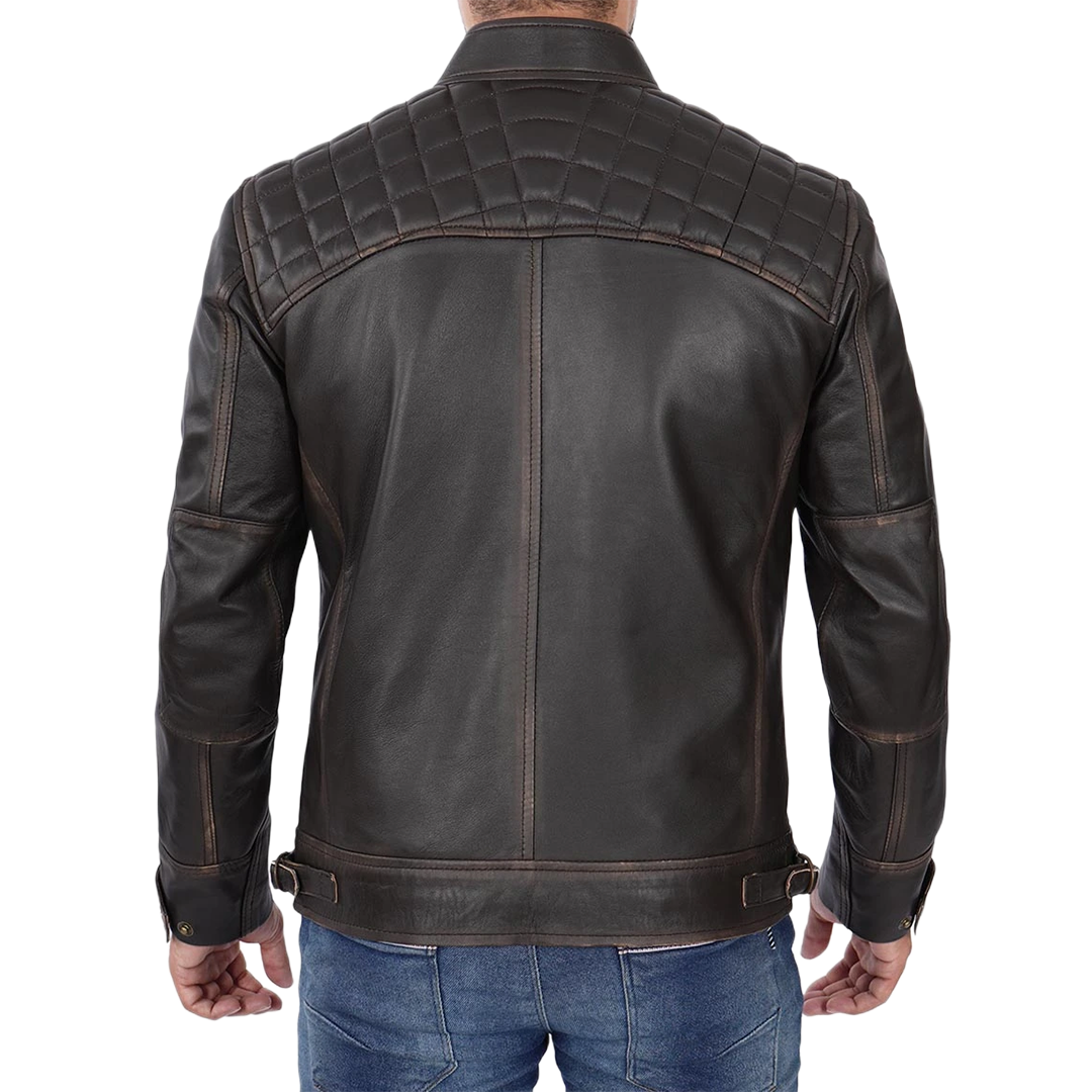 Quilted Cafe Racer Distressed Men's Tall Leather Jacket
