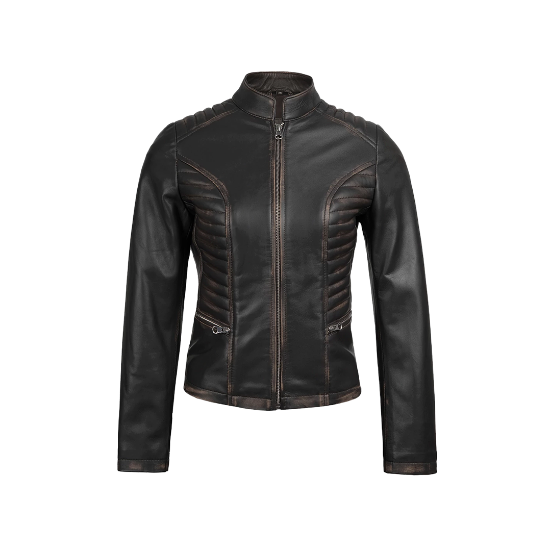 Rachel Women's Dark Brown Rub-off Cafe Racer Leather Jacket
