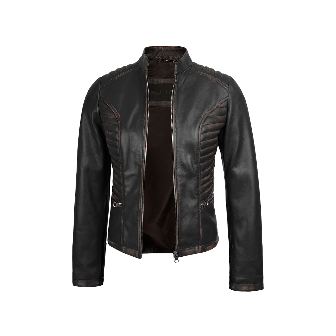 Rachel Women's Dark Brown Rub-off Cafe Racer Leather Jacket