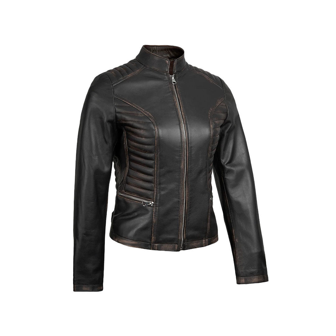 Rachel Women's Dark Brown Rub-off Cafe Racer Leather Jacket