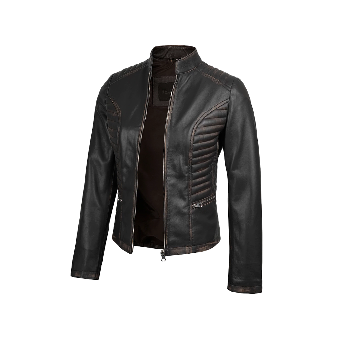 Rachel Women's Dark Brown Rub-off Cafe Racer Leather Jacket