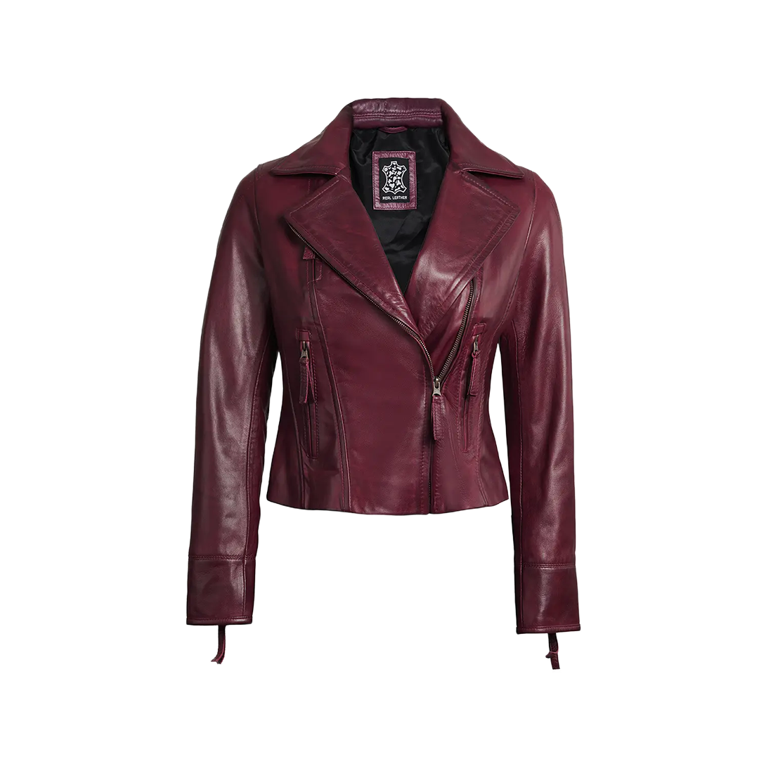 Ramsey Women's Burgundy Asymmetrical Waxed Biker Leather Jacket
