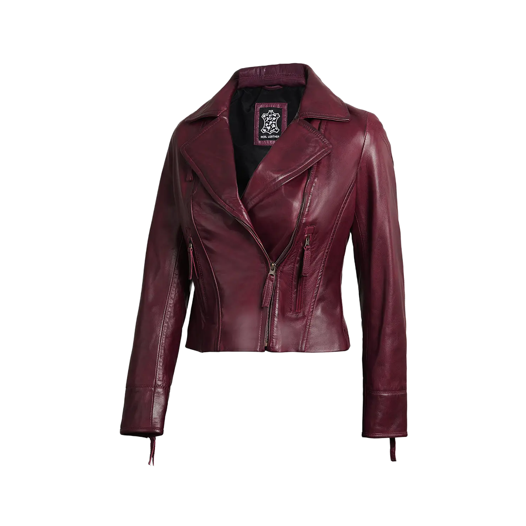 Ramsey Women's Burgundy Asymmetrical Waxed Biker Leather Jacket