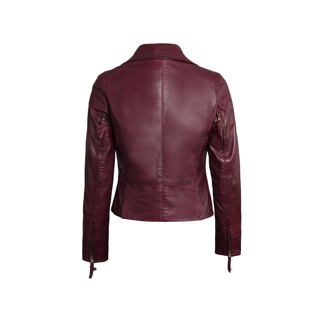Ramsey Women's Burgundy Asymmetrical Waxed Biker Leather Jacket