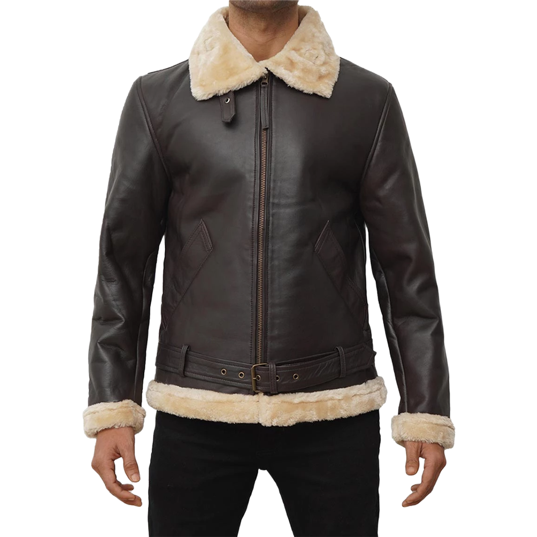 Real Leather Dark Brown Bomber Fur Aviator Jacket Men's