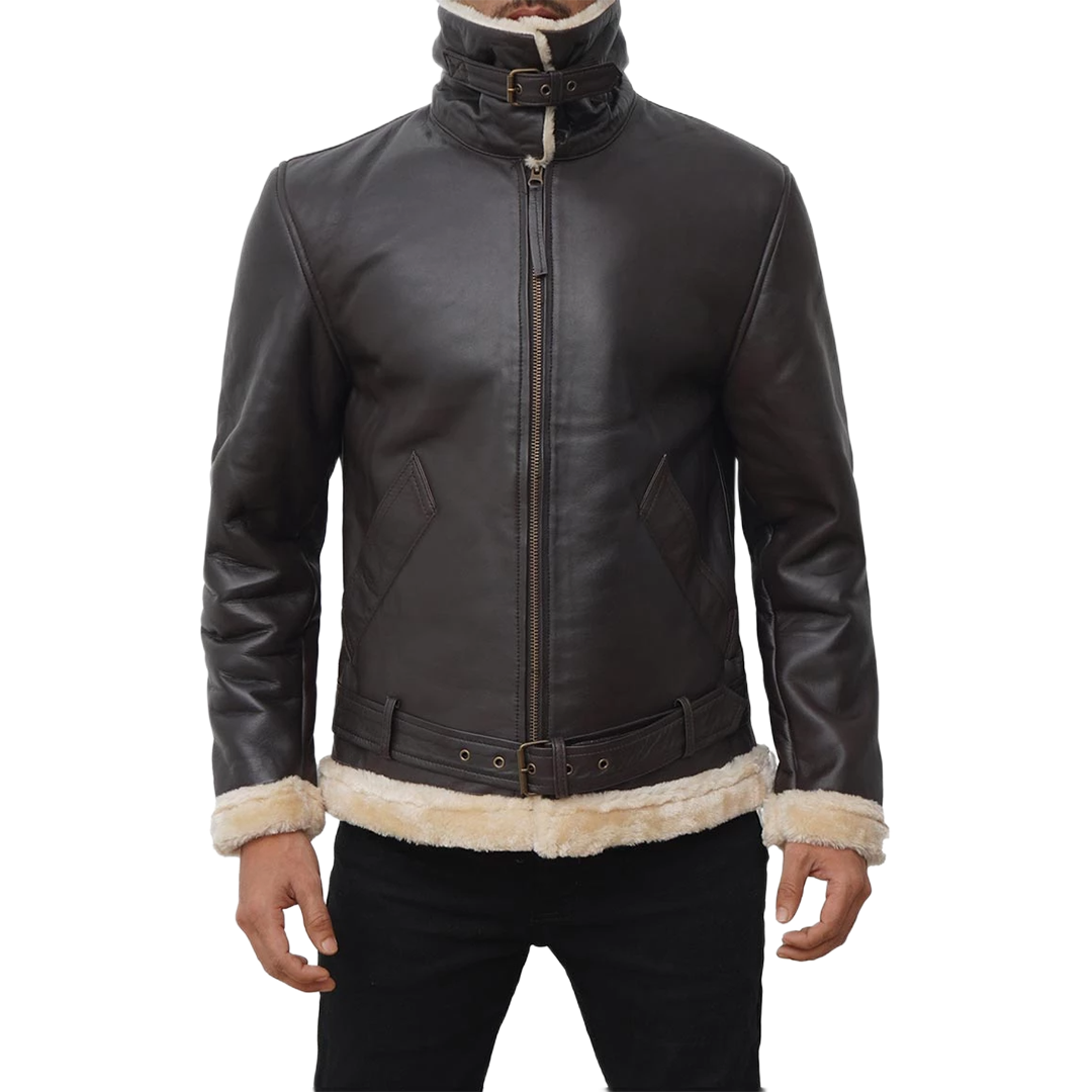 Real Leather Dark Brown Bomber Fur Aviator Jacket Men's