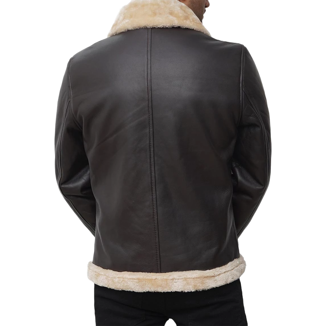 Real Leather Dark Brown Bomber Fur Aviator Jacket Men's