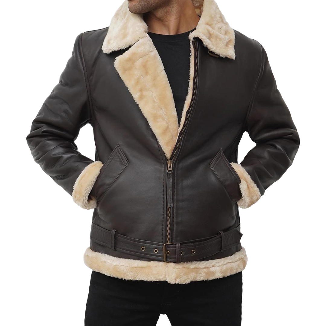 Real Leather Dark Brown Bomber Fur Aviator Jacket Men's