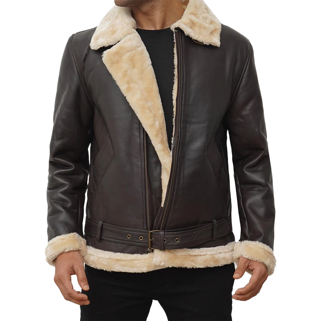 Real Leather Dark Brown Bomber Fur Aviator Jacket Men's