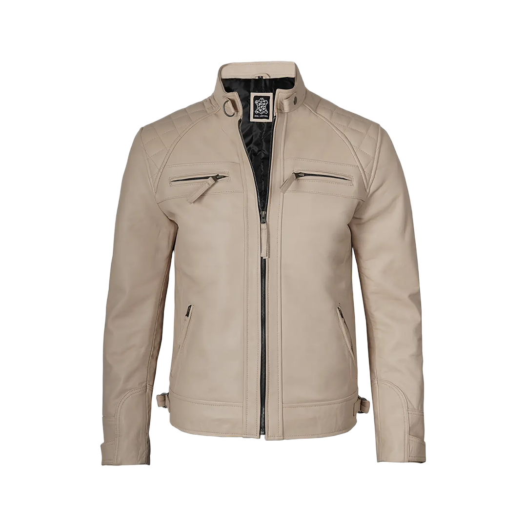 Real Leather Men's Beige Cafe Racer Biker Jacket