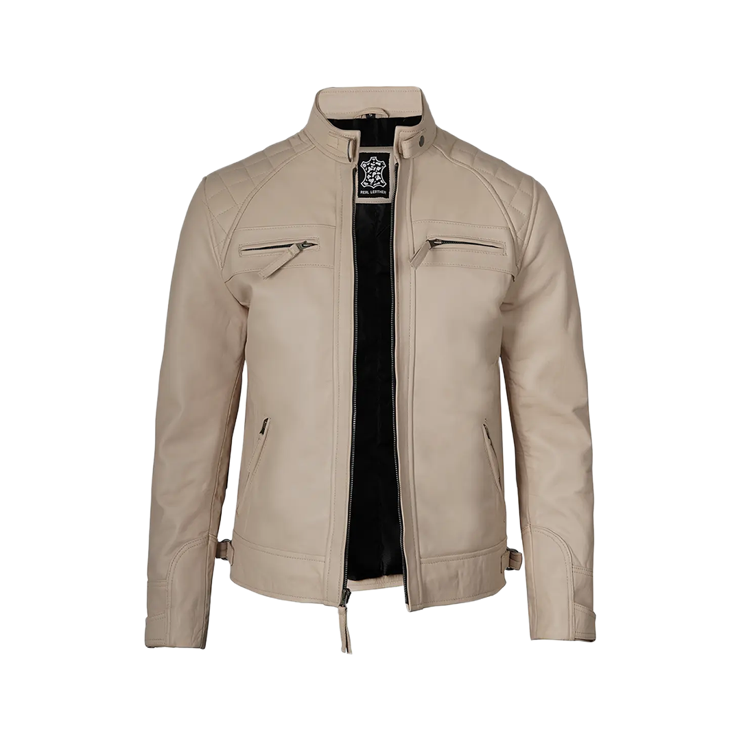 Real Leather Men's Beige Cafe Racer Biker Jacket