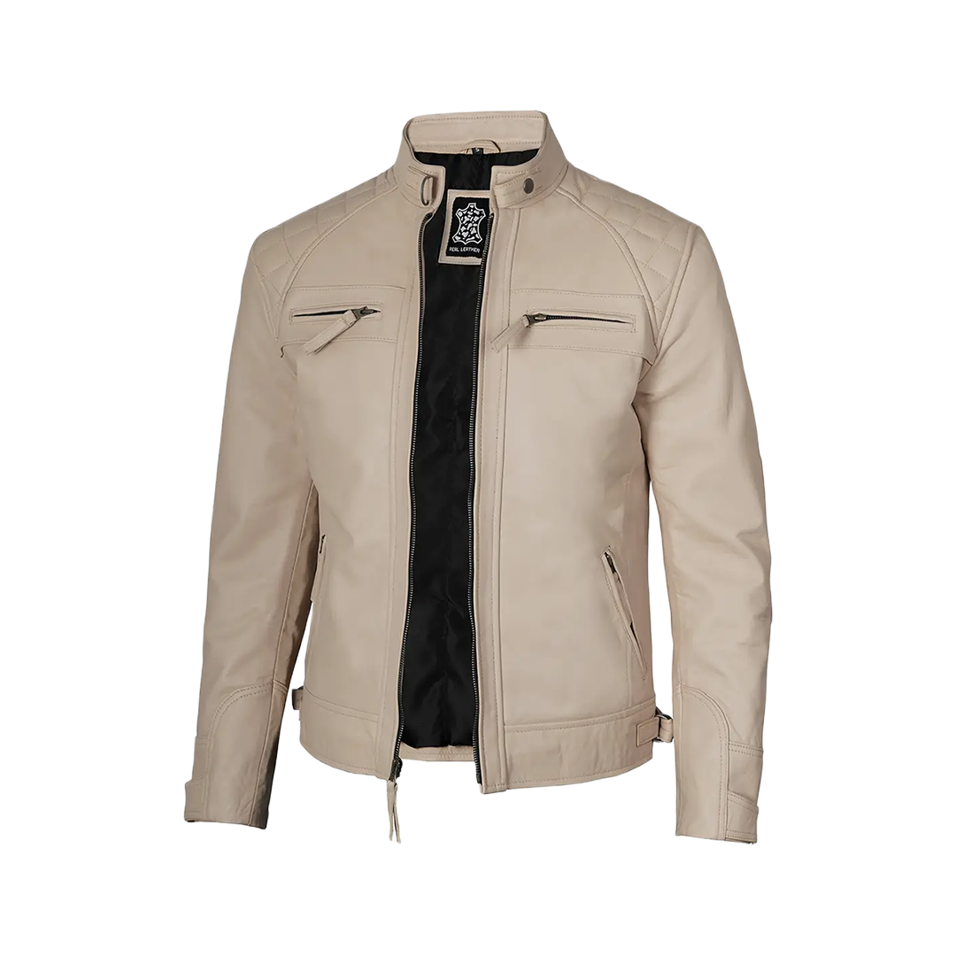 Real Leather Men's Beige Cafe Racer Biker Jacket