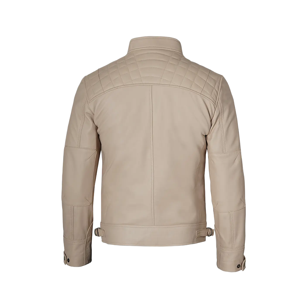 Real Leather Men's Beige Cafe Racer Biker Jacket