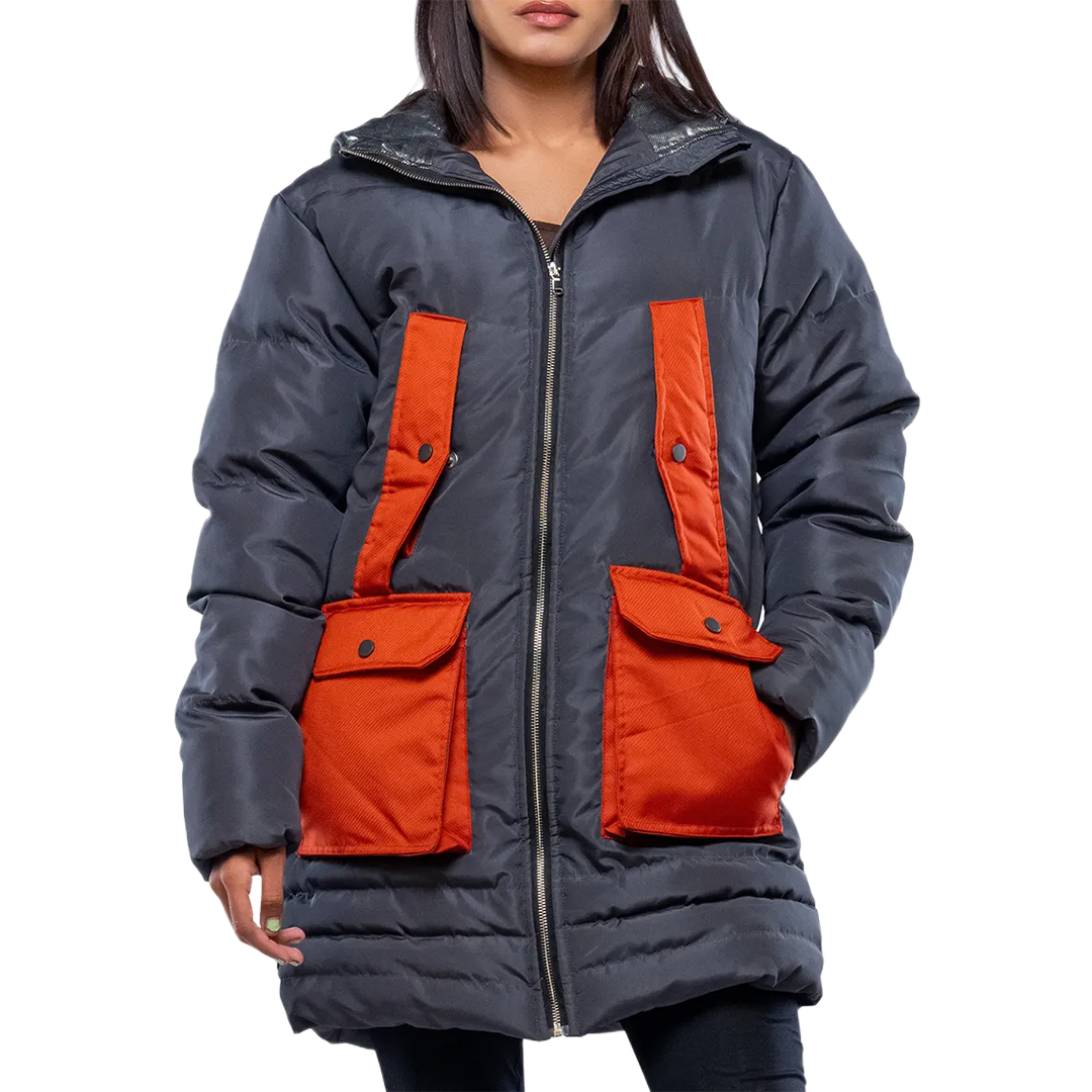 Reid Womens Dark Gray Duck Down Hooded Puffer Coat