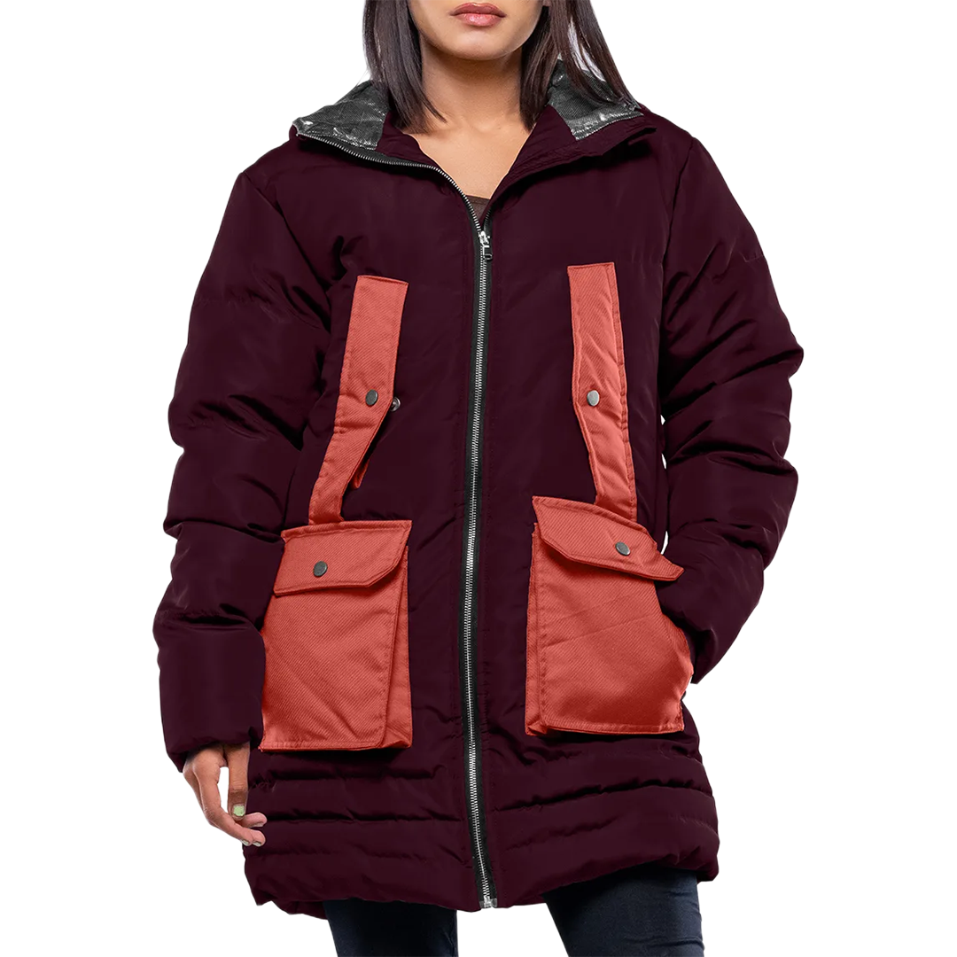 Reid Womens Maroon Duck Down Hooded Puffer Coat