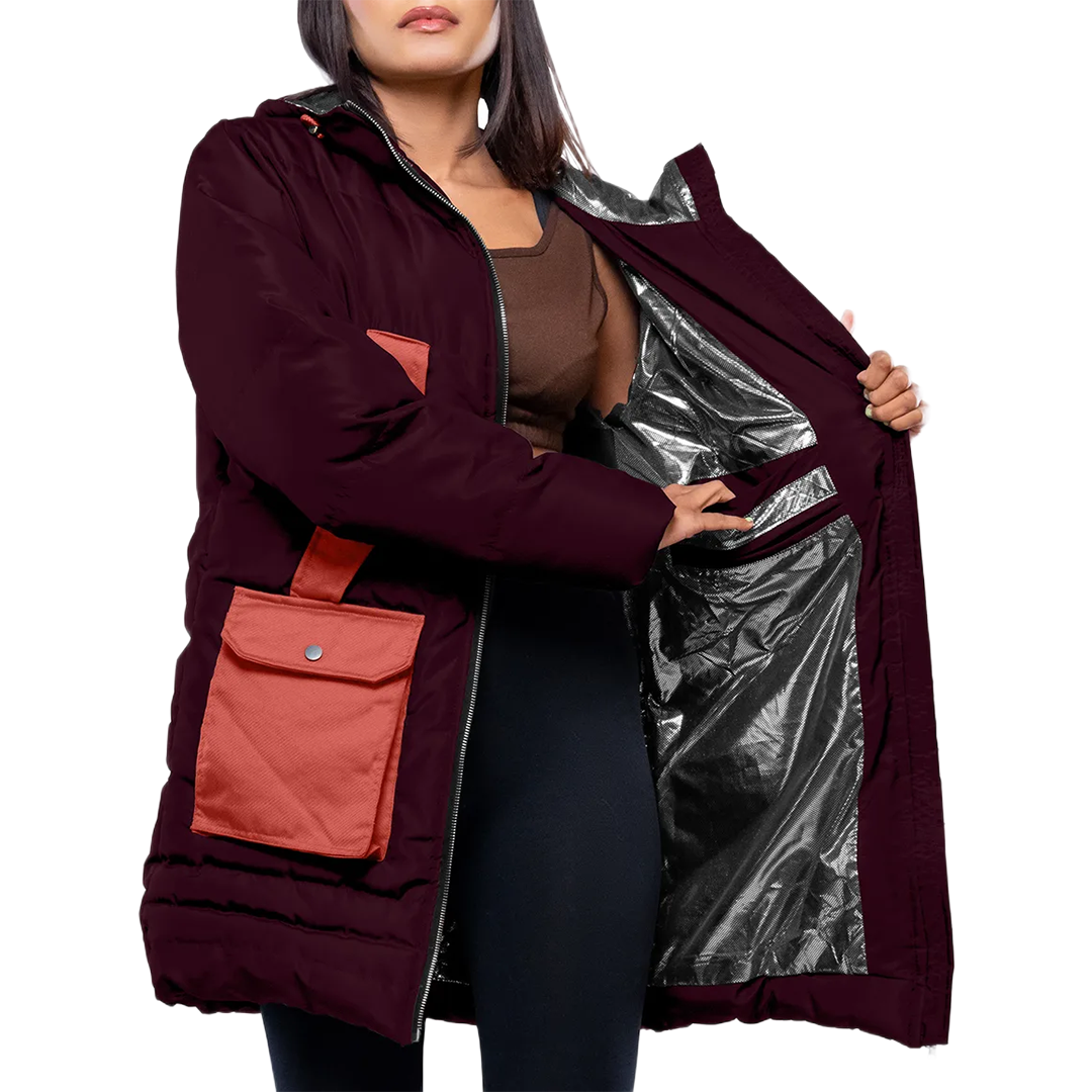Reid Womens Maroon Duck Down Hooded Puffer Coat