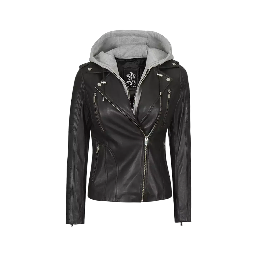 Women Black Real Leather Jacket with Removable Hood