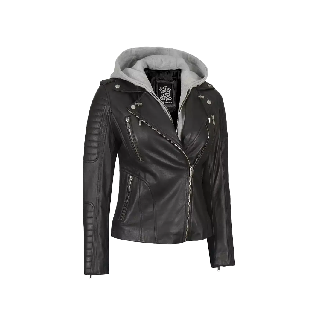 Women Black Real Leather Jacket with Removable Hood