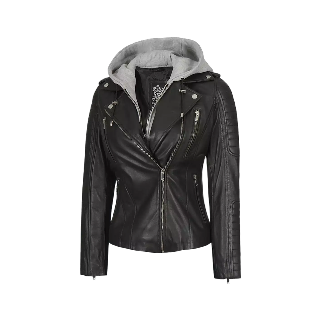 Women Black Real Leather Jacket with Removable Hood