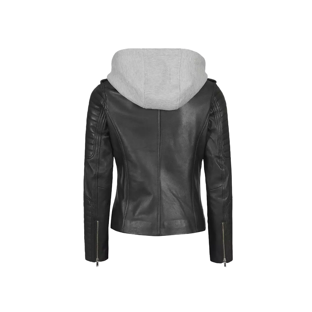 Women Black Real Leather Jacket with Removable Hood