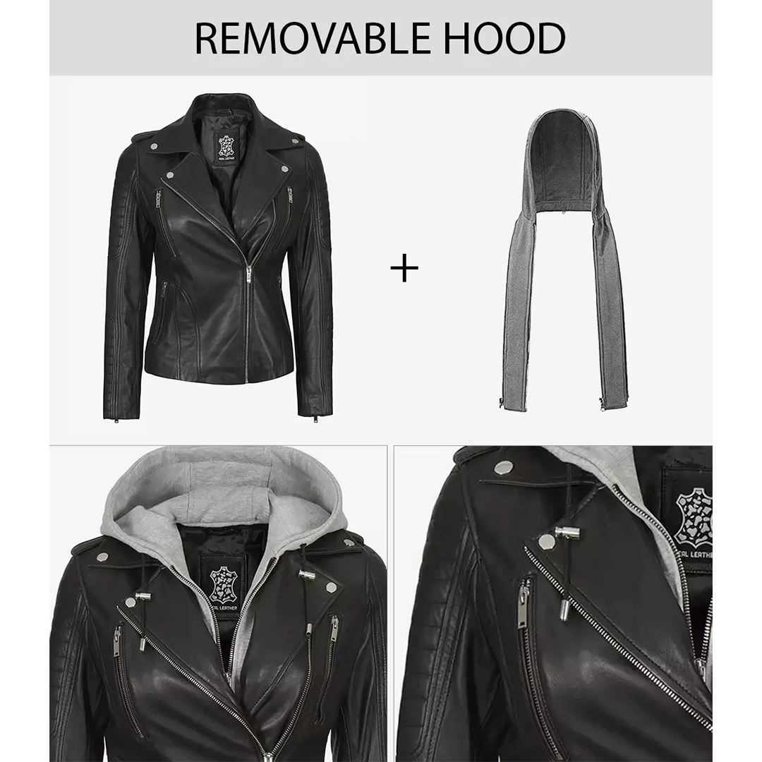 Women Black Real Leather Jacket with Removable Hood
