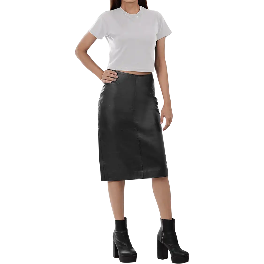 Rosa Women's Black Midi Leather Skirt With Back Slit - Pencil Style