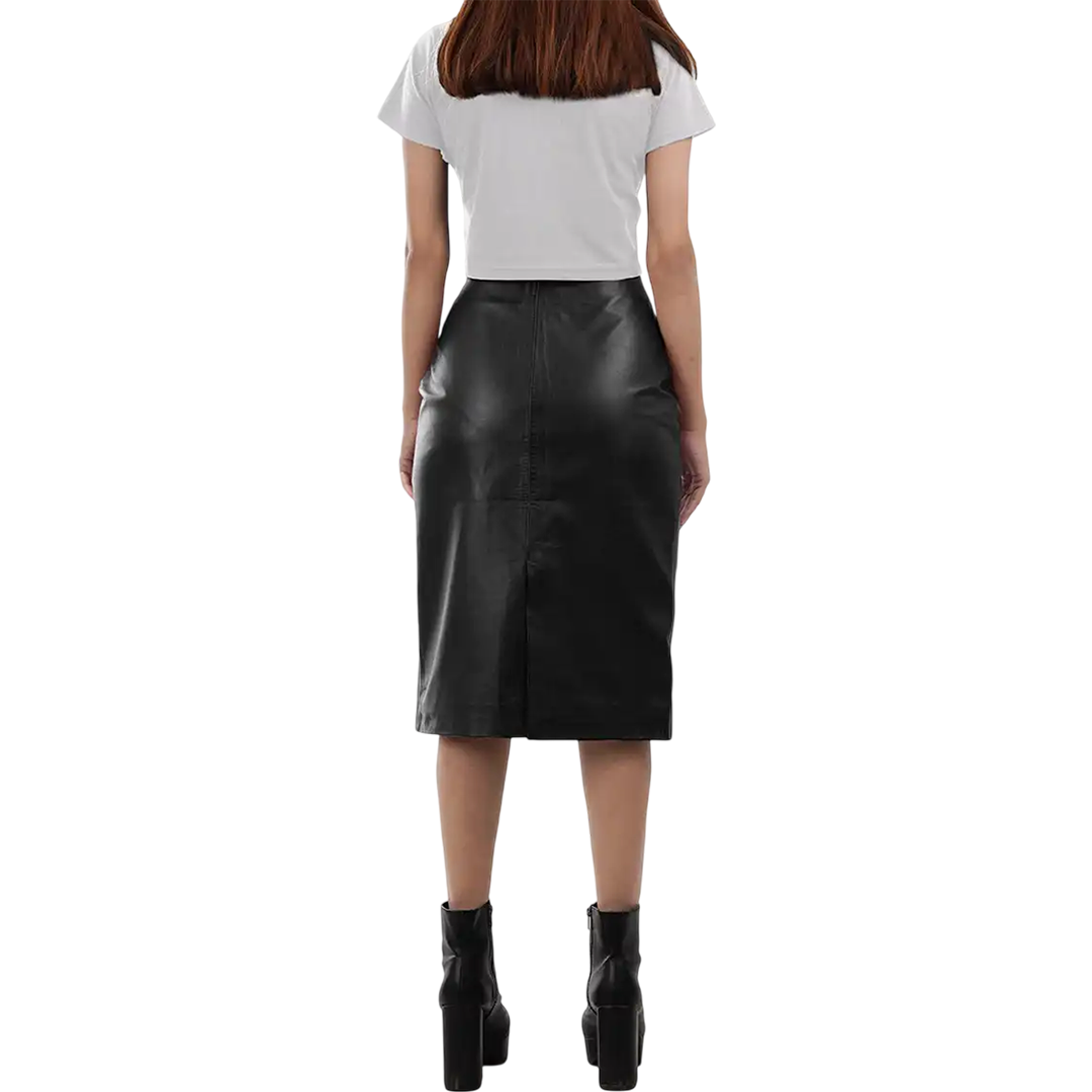 Rosa Women's Black Midi Leather Skirt With Back Slit - Pencil Style